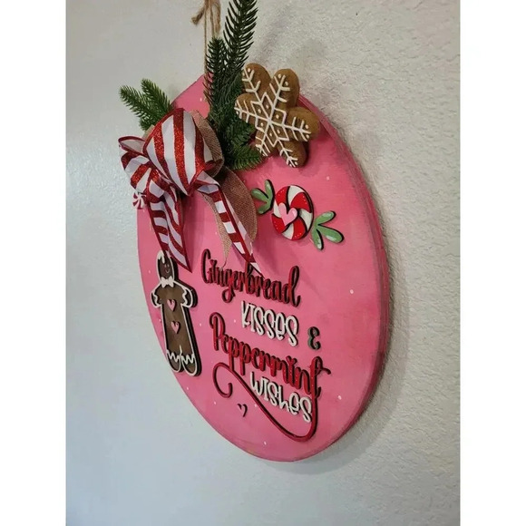 Gingerbread Kissed and Peppermint Wishes Wooden Round 15" Christmas‎ Door Hanger - Picture 4 of 5